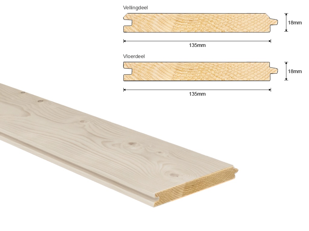 Vuren C vloerdeel/vellingdeel 18x135 mm. gegrond